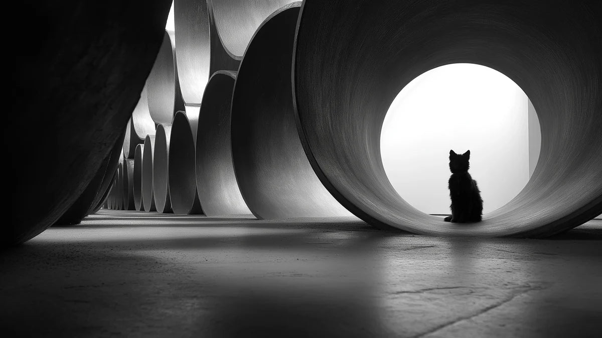 Cat Silhouette and Industrial Pipes Mural — Minimalist Monochrome Mural Wallpaper - room preview 04