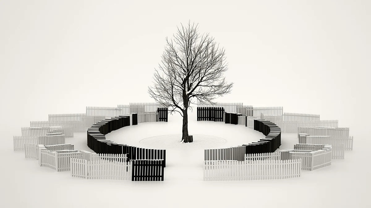 Winter Tree and Concentric Fence Mural Wallpaper — Minimalist Art Mural Wallpaper - room preview 04