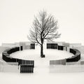 Winter Tree and Concentric Fence Mural Wallpaper — Minimalist Art Mural Wallpaper - room preview 04