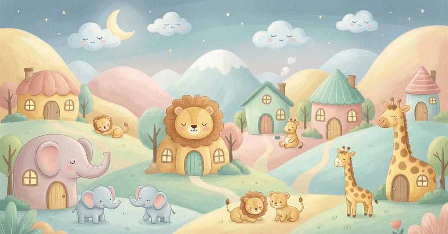 Safari Village Landschaft Wandtapete — Wandtapete mit fantasievollen Motiven für Kinder printable artwork