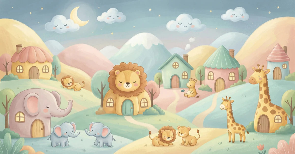 Safari Village Landscape Mural Wallpaper — Whimsical Kids Decor Mural Wallpaper - room preview 04