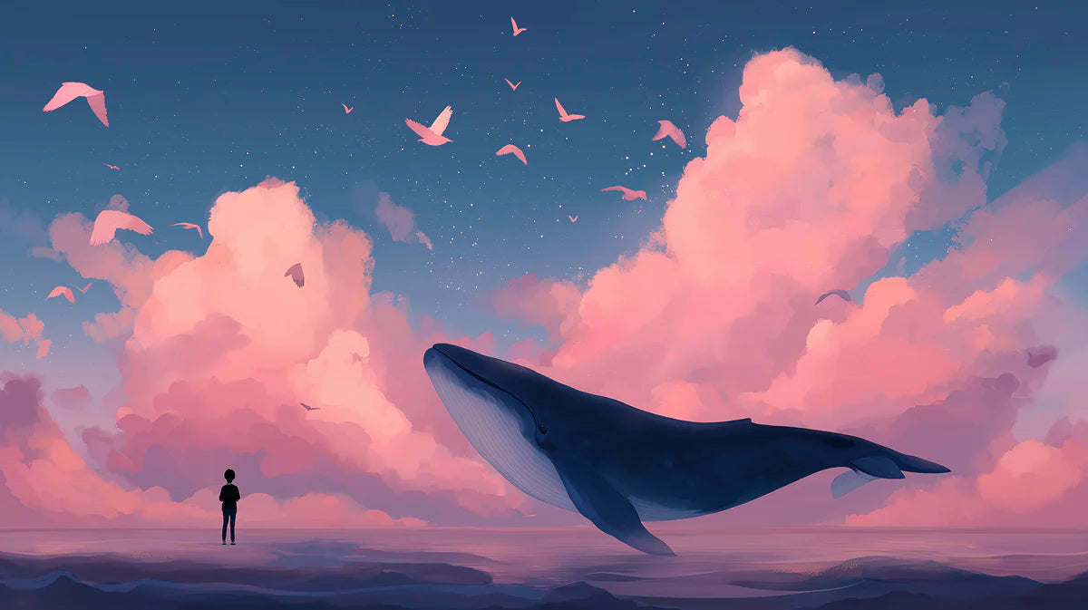 Flying Whale and Pink Clouds Mural Wallpaper — Whimsical Fantasy Mural Wallpaper - room preview 04
