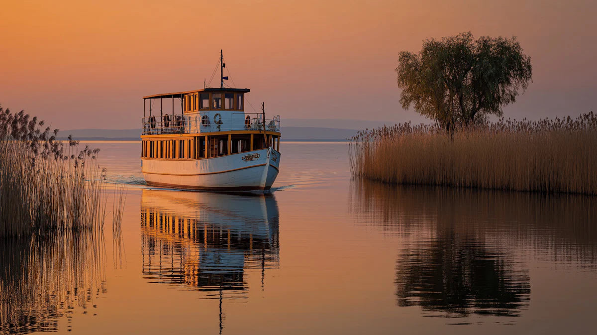 Sunset Lake Boat Mural Wallpaper —Nostalgic Golden Hour Landscape Mural Wallpaper - room preview 04