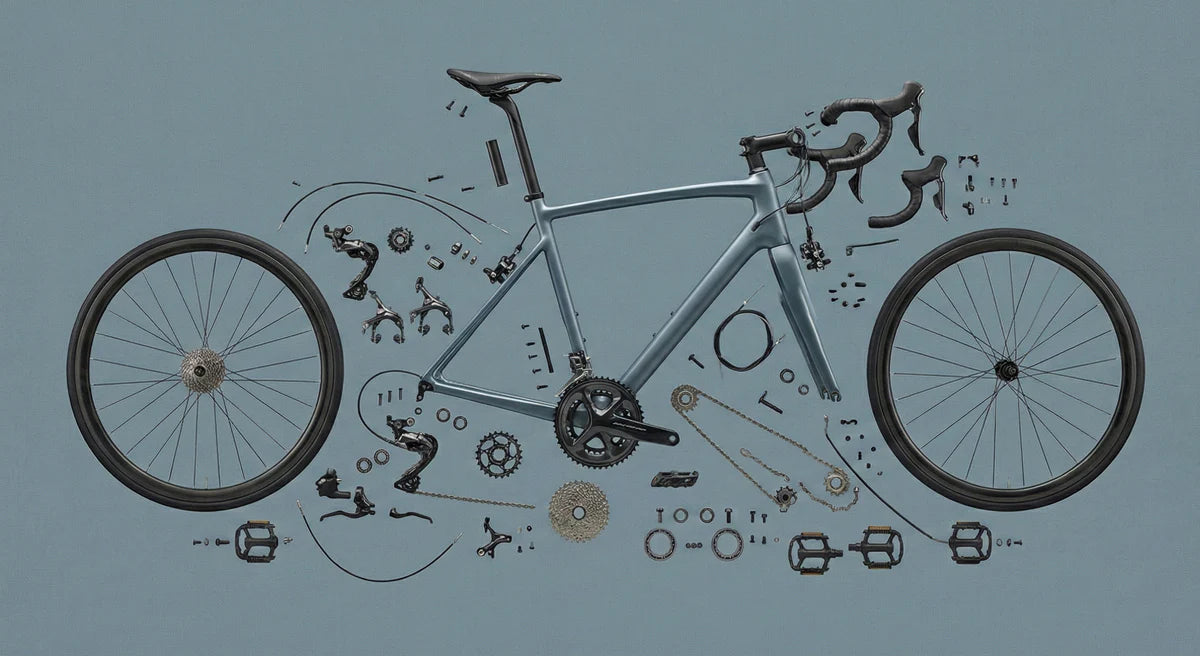 Exploded Bicycle Components Mural Wallpaper — Industrial Flat Lay Mural Wallpaper - room preview 04