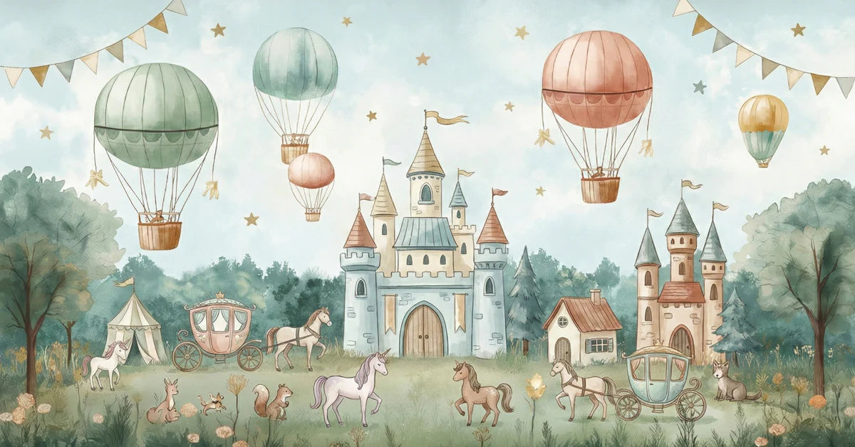Watercolor Fairytale Castle Mural Wallpaper — Whimsical Landscape Mural Wallpaper - room preview 04