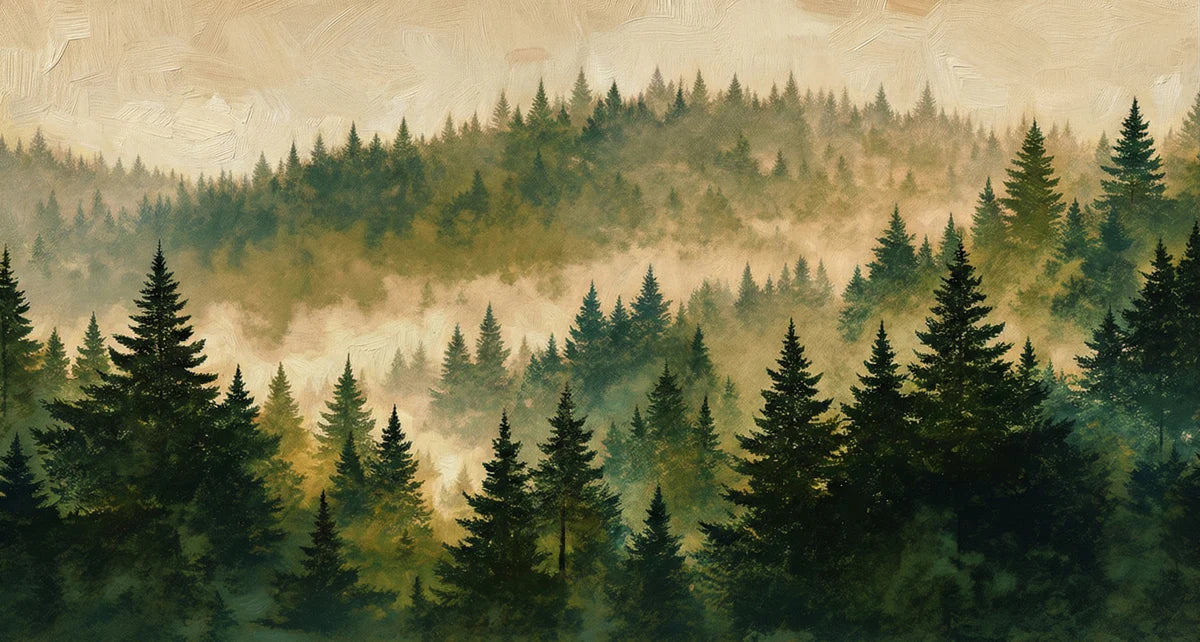 Misty Evergreen Forest Mural Wallpaper — Impressionistic Landscape Mural Wallpaper - room preview 04