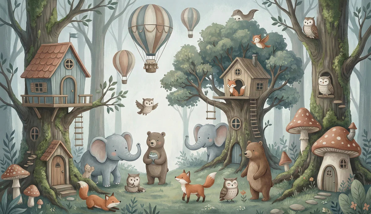 Whimsical Treehouse Woodland Animal Mural Wallpaper for Kids Mural Wallpaper - room preview 04