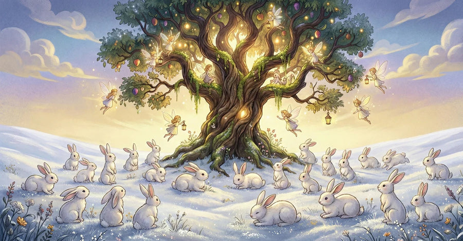 Forest Wallpaper Mural – Woodland Wall Mural – Winter Fairy Tree and Rabbits — Whimsical Storybook printable artwork