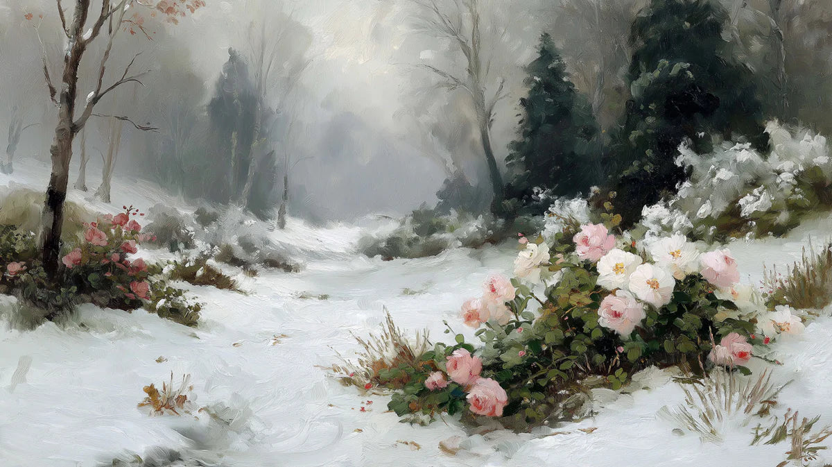 Winter Rose Path Mural Wallpaper — Impressionist Oil Painting Mural Wallpaper - room preview 04
