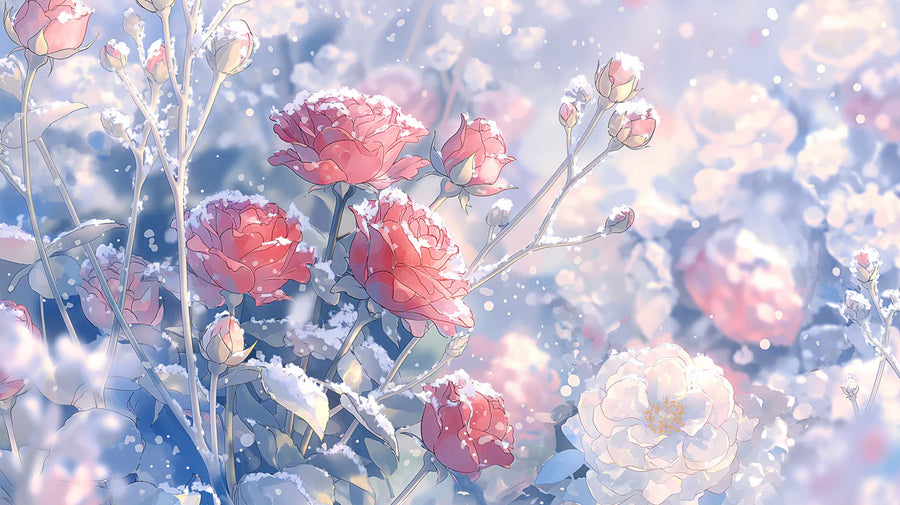 Floral Wallpaper Mural – Flower Wallpaper – Snow-Dusted Pink Rose — Romantic Winter Floral printable artwork