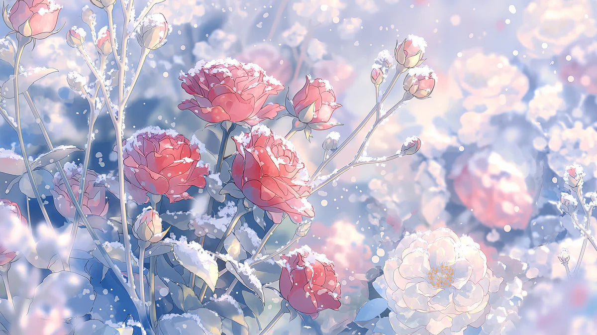 Snow-Dusted Pink Rose Mural Wallpaper — Romantic Winter Floral Mural Wallpaper - room preview 04