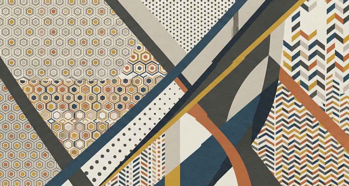 Mid-Century Geometric Collage Mural Wallpaper — Retro Abstract Style Mural Wallpaper - room preview 04