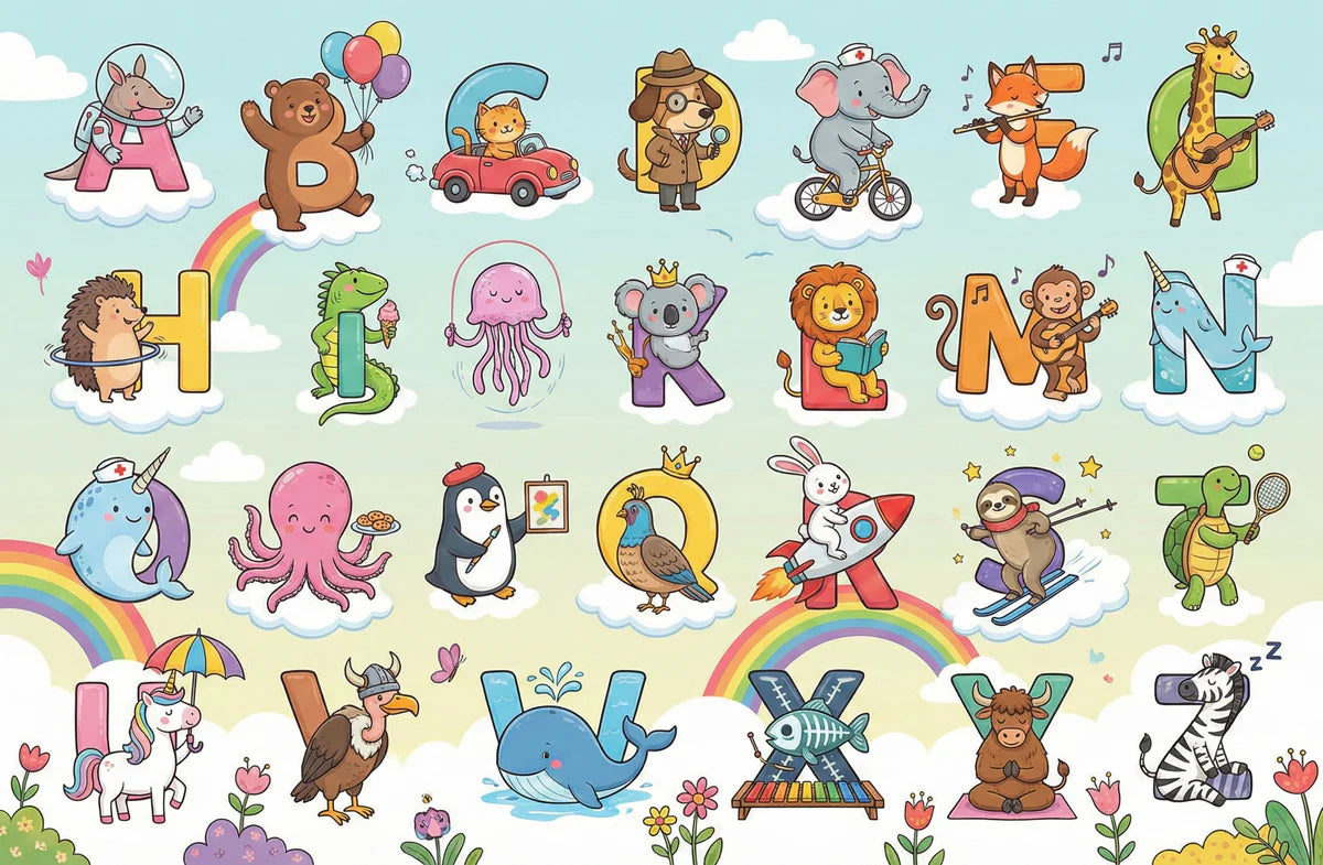 Cheerful Animal Alphabet Mural Wallpaper — Whimsical Educational Art Mural Wallpaper - room preview 04