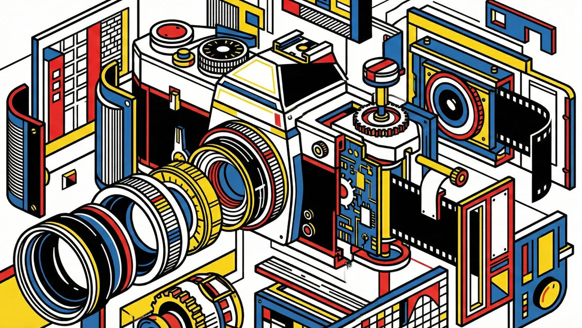 Exploded Camera Pop Art Mural Wallpaper — Isometric Photography Mural Wallpaper - room preview 04