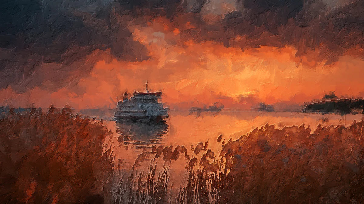 Impressionist Harbor Sunset Mural Wallpaper — Warm Artistic Scene Mural Wallpaper - room preview 04
