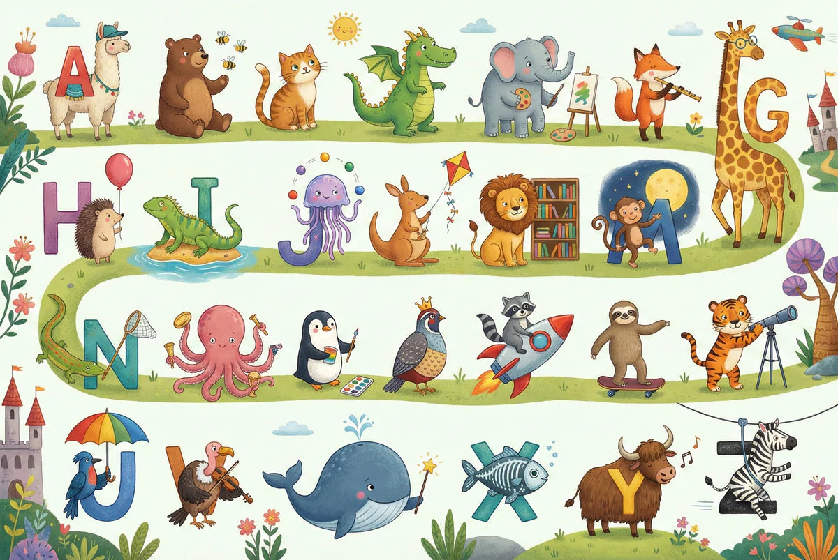 Animal Alphabet Journey Mural Wallpaper — Whimsical Kids Illustration Mural Wallpaper - room preview 04