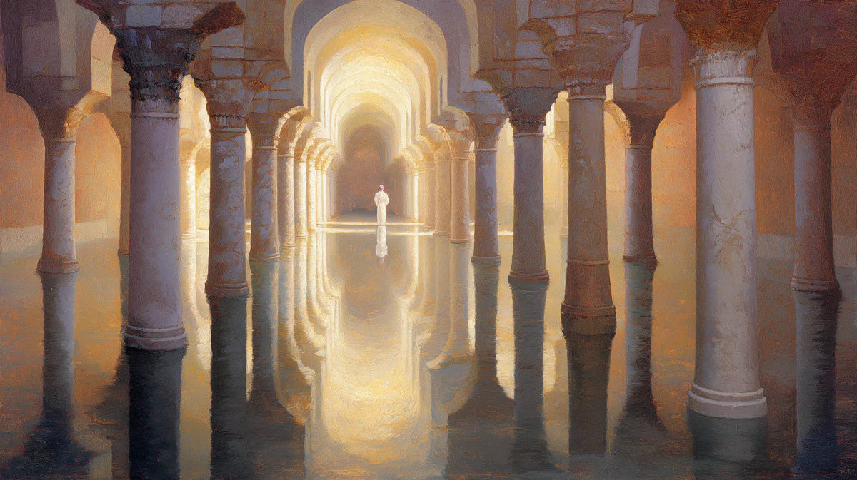 Golden Moorish Column Hall Mural Wallpaper — Oil Painting Style Mural Wallpaper - room preview 04