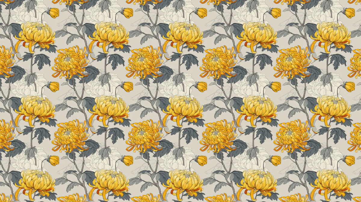 Golden Chrysanthemum Botanical Mural Wallpaper — Vintage Floral Mural Wallpaper - room preview 04