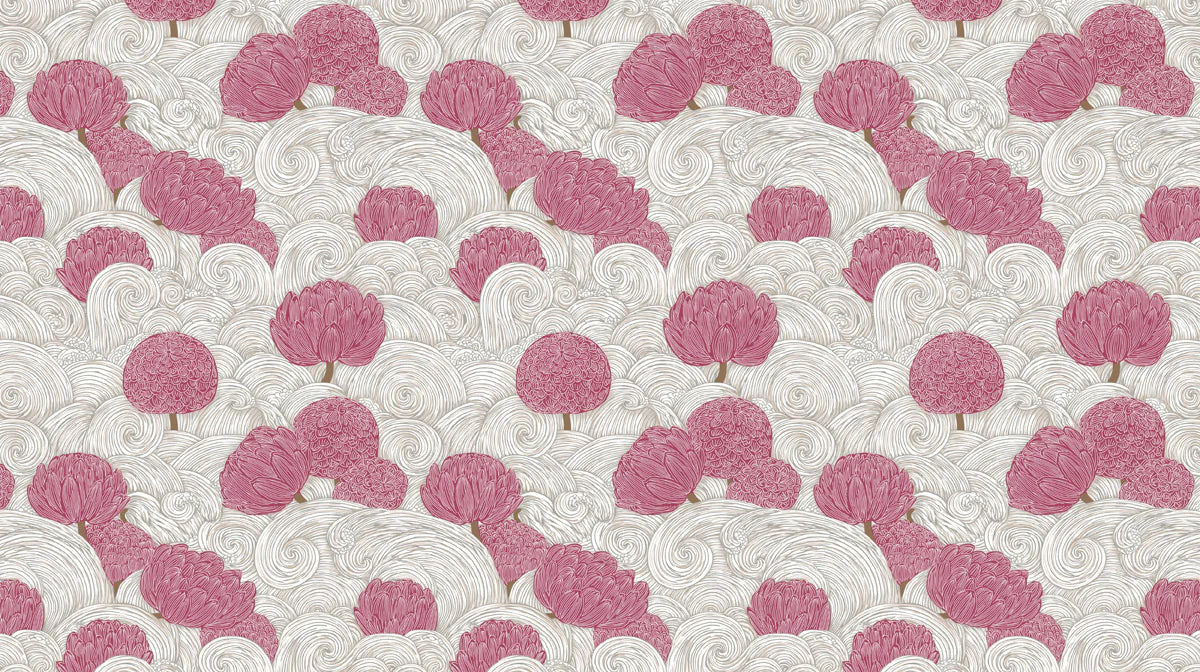 Pink Botanical Wave Mural Wallpaper — Asian Inspired Floral Design Mural Wallpaper - room preview 04