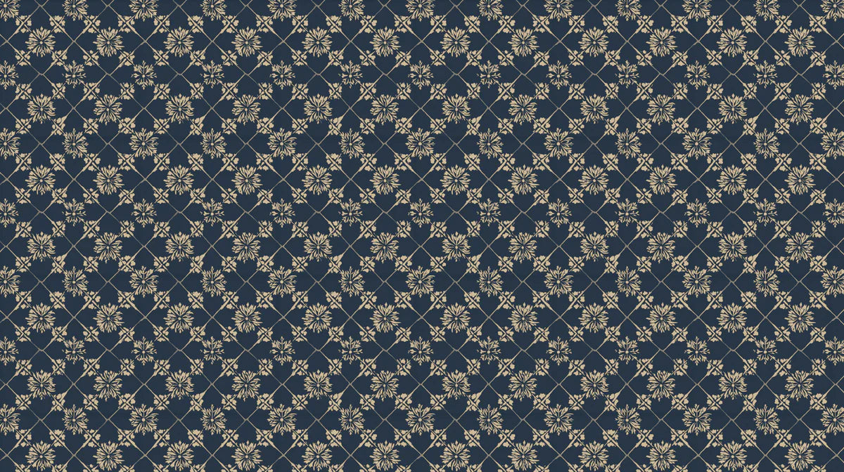 Navy and Gold Diamond Trellis Floral Mural Wallpaper - room preview 04