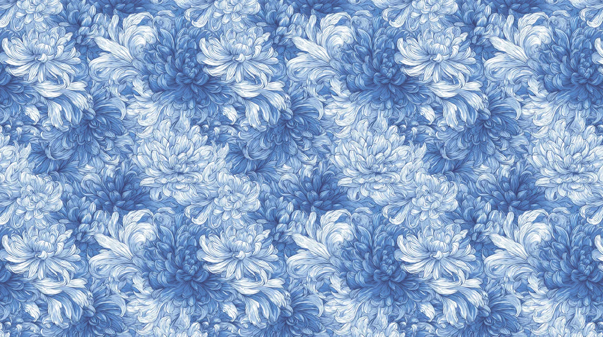 Blue and White Chrysanthemum Floral Mural Wallpaper - room preview 04