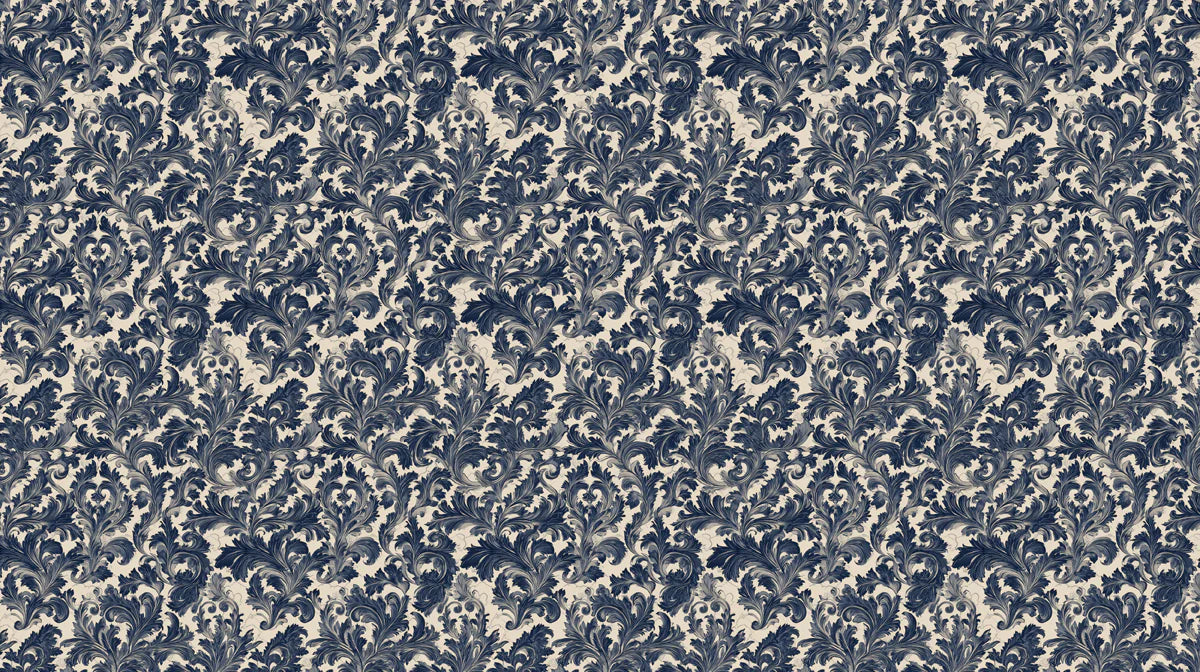 Navy Blue Damask Floral Mural Wallpaper — Traditional Heritage Mural Wallpaper - room preview 04