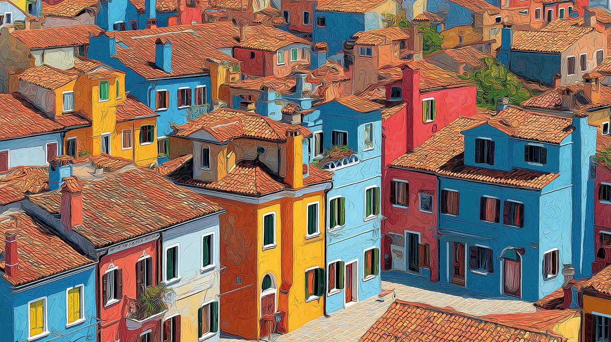 Mediterranean Village Houses Mural Wallpaper — Artistic Town Scene Mural Wallpaper - room preview 04