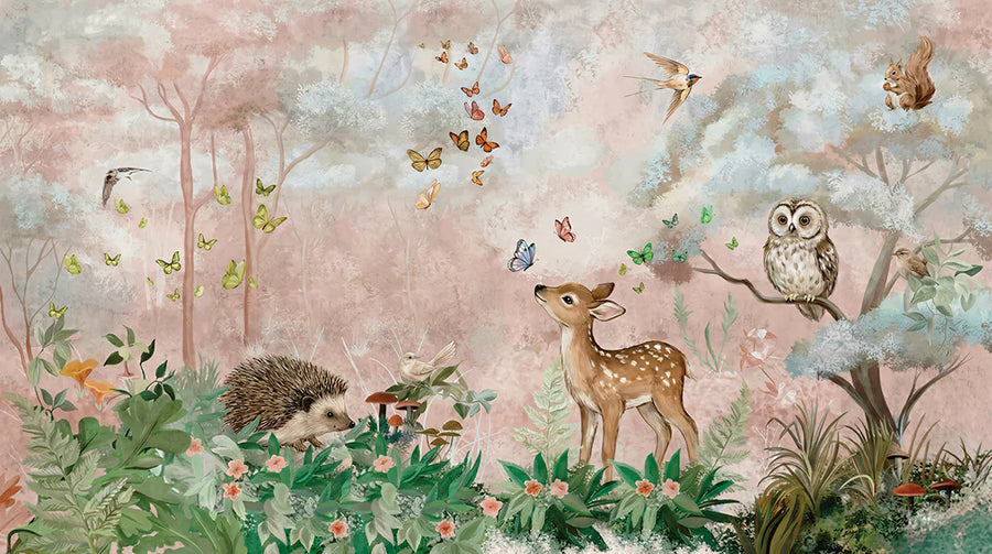 Woodland Nursery Wallpaper Mural – Baby Animals Wall Mural – Whimsical Forest Friends — Soft Pastel Woodland Scene printable artwork