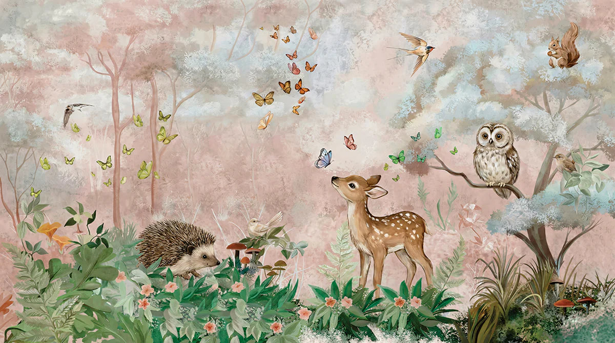 Whimsical Forest Friends Mural Wallpaper — Soft Pastel Woodland Scene Mural Wallpaper - room preview 04
