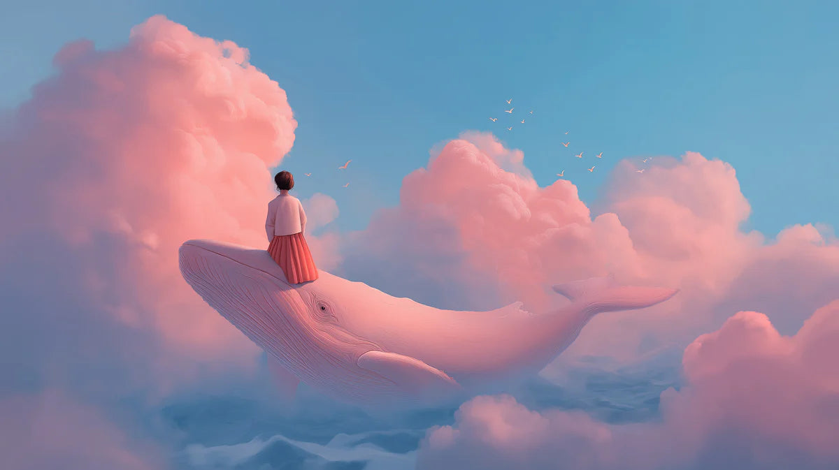 Girl Riding Whale Mural Wallpaper — Whimsical Sky Fantasy Mural Mural Wallpaper - room preview 04