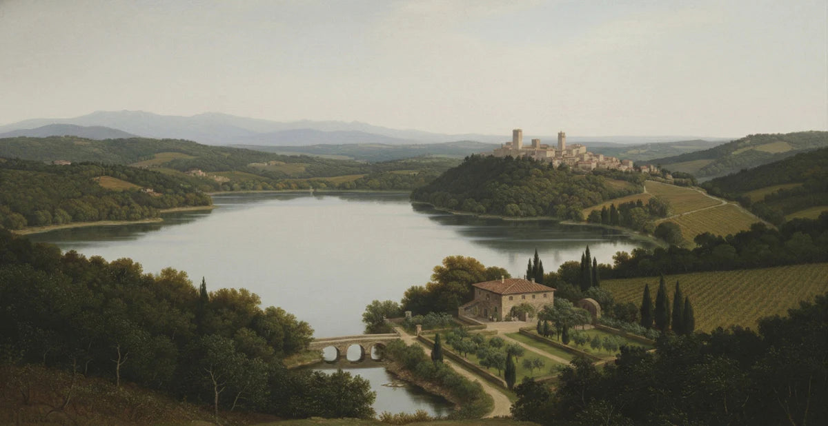 Tuscan Lake Landscape Mural Wallpaper — Classic Oil Painting Art Mural Wallpaper - room preview 04