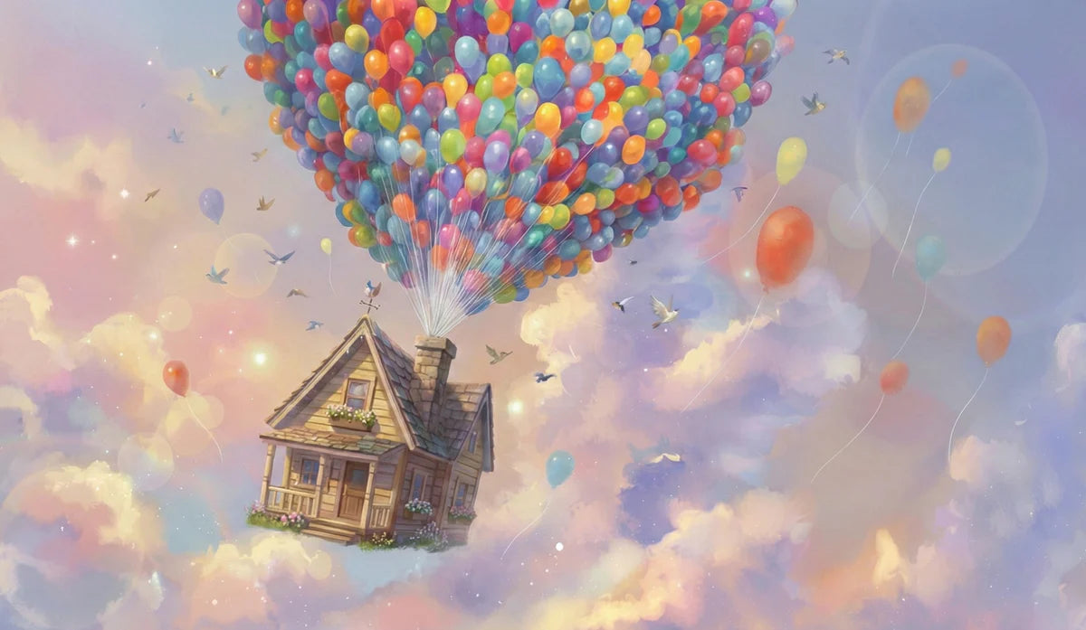 Floating Balloon House Mural Wallpaper — Whimsical Sky Fantasy Mural Wallpaper - room preview 04