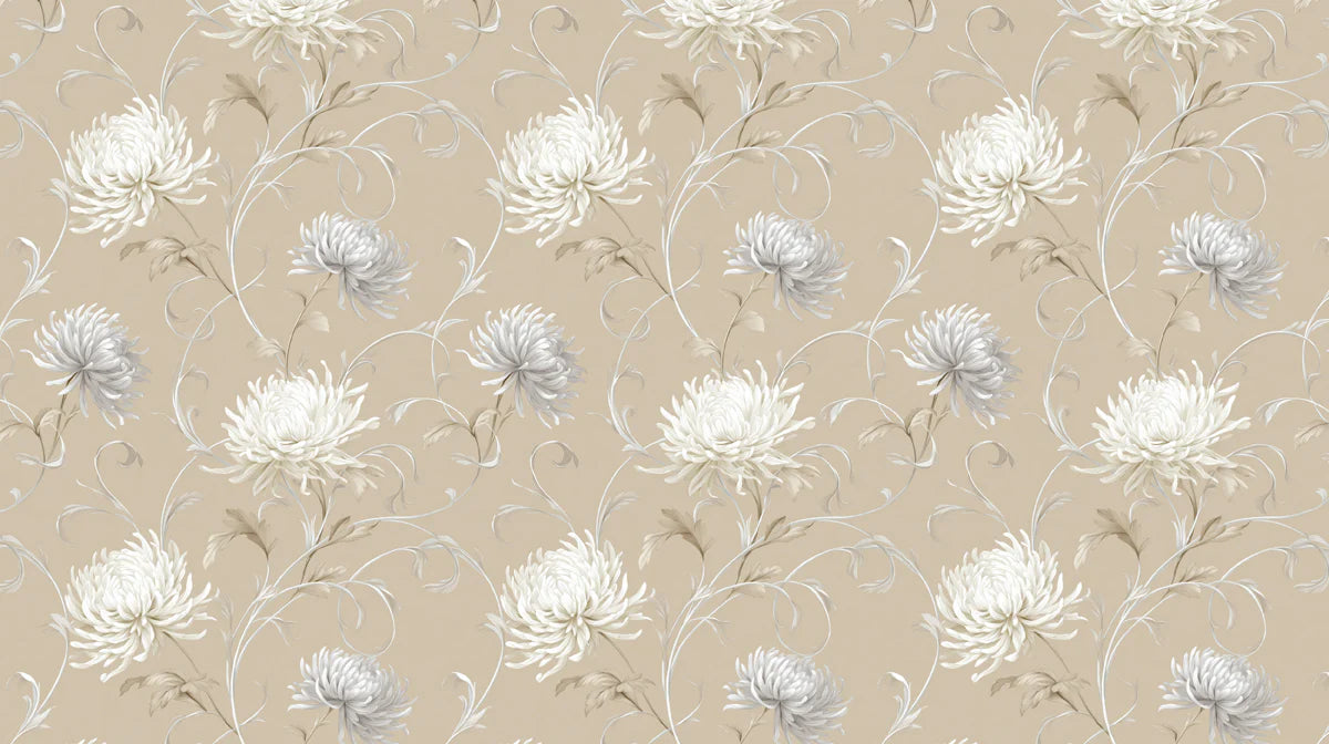 Silver Chrysanthemum Swirl Mural Wallpaper in Warm Beige Mural Wallpaper - room preview 04