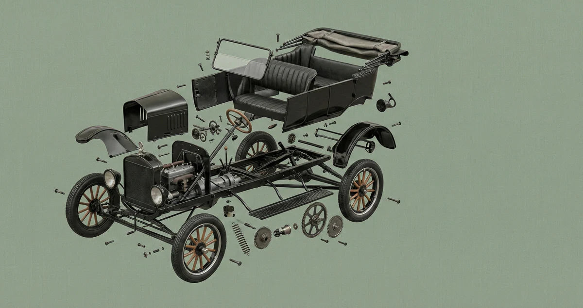Vintage Car Exploded View Mural Wallpaper — Industrial Technical Art Mural Wallpaper - room preview 04