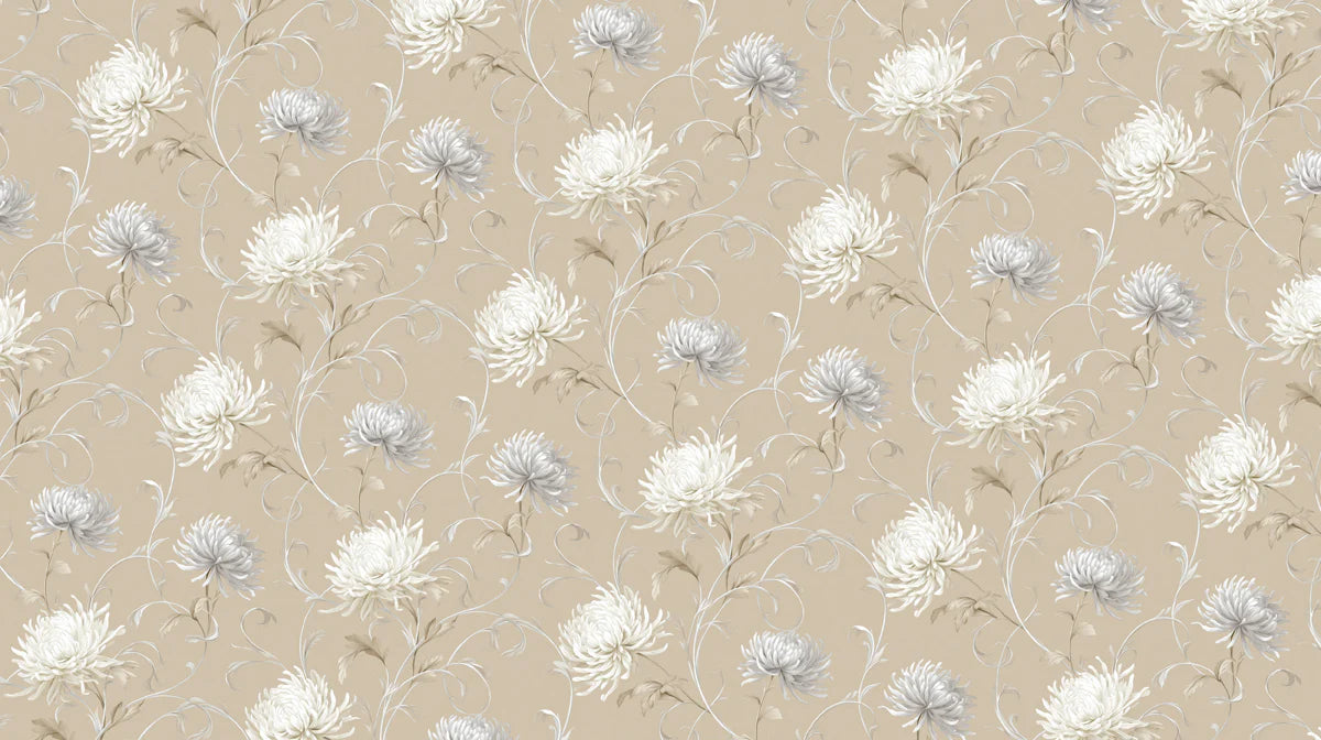 Cream Chrysanthemum Floral Mural Wallpaper — Traditional Botanical Mural Wallpaper - room preview 04