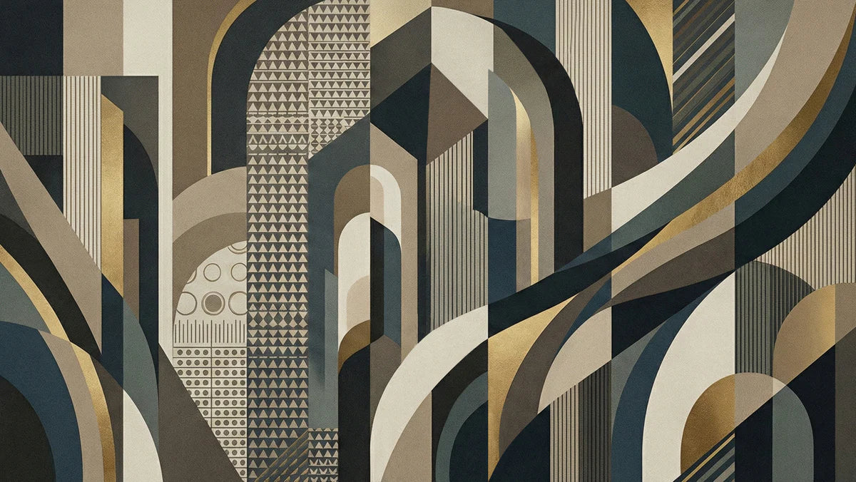 Art Deco Geometric Mural Wallpaper — Architectural Gold and Charcoal Mural Wallpaper - room preview 04