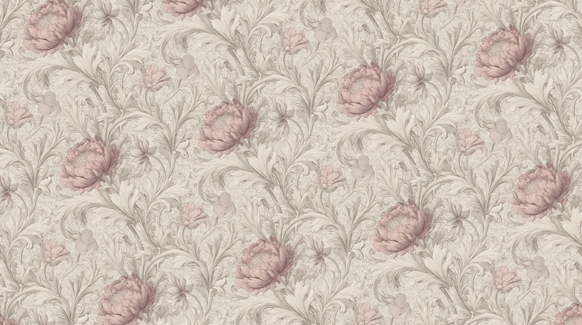 Vintage Peony and Acanthus Leaf Mural Wallpaper — Floral Heritage Mural Wallpaper - room preview 04