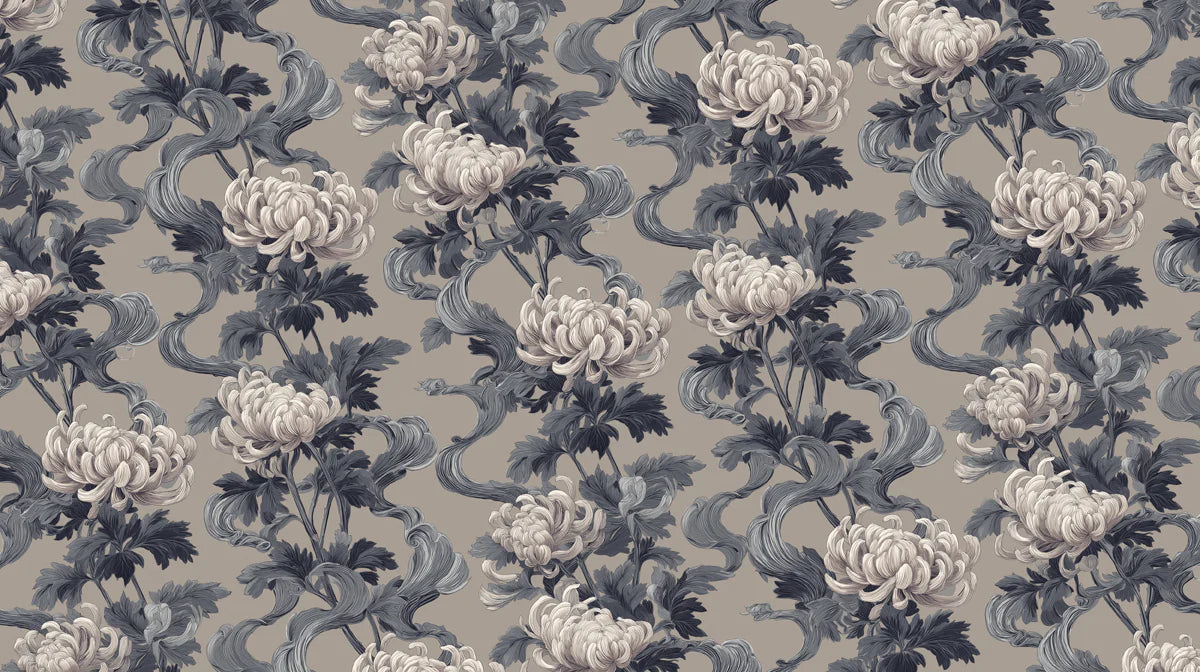 Vintage Chrysanthemum Vine Mural Wallpaper in Muted Gray and Taupe Mural Wallpaper - room preview 04