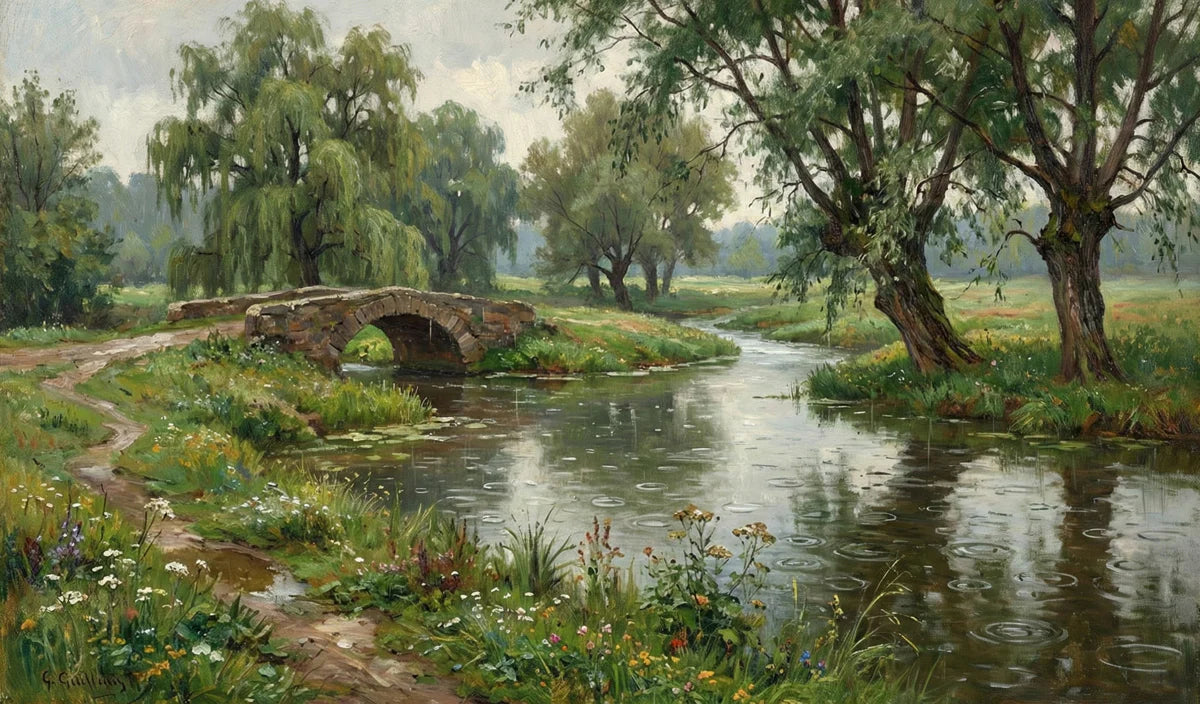 Riverside Stone Bridge Mural Wallpaper — Impressionist Oil Painting Mural Wallpaper - room preview 04