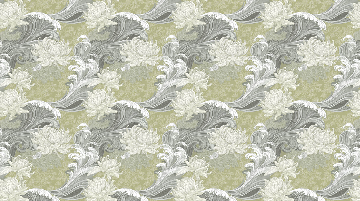 Japanese Wave and Chrysanthemum Mural Wallpaper — Sage Green Mural Wallpaper - room preview 04