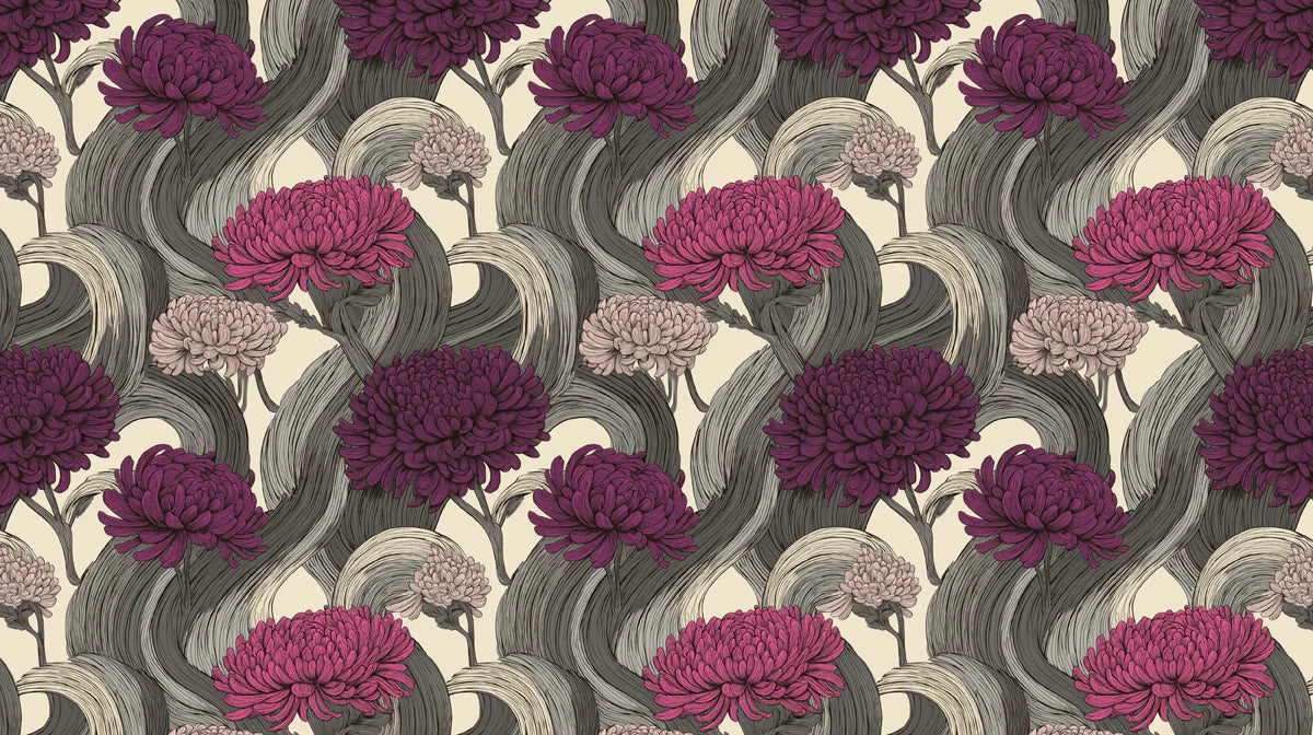 Stylized Chrysanthemum Floral Mural Wallpaper — Artistic Grey Swirls Mural Wallpaper - room preview 04