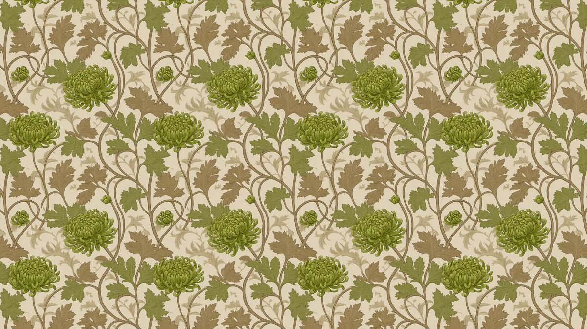 Olive Chrysanthemum Botanical Mural Wallpaper — Heritage Floral Mural Wallpaper - room preview 04