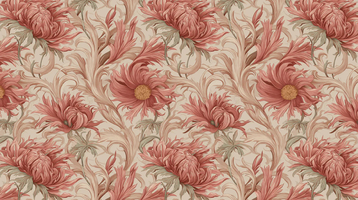 Terracotta Peony Botanical Mural Wallpaper — Ornate Floral Art Mural Wallpaper - room preview 04
