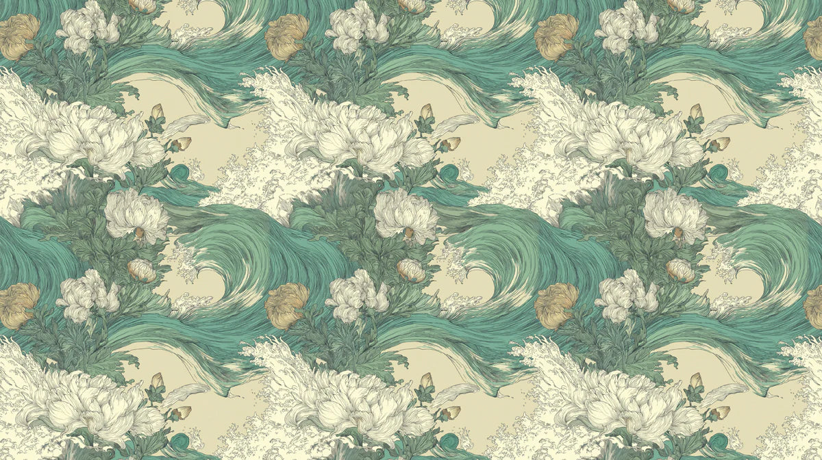 Japanese Wave and Peony Mural Wallpaper — Artistic Chinoiserie Mural Wallpaper - room preview 04