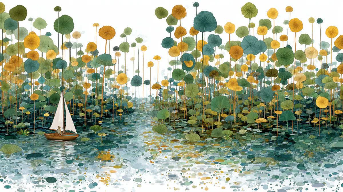 Sailboat and Marsh Flora Mural Wallpaper in Teal and Ochre Mural Wallpaper - room preview 04