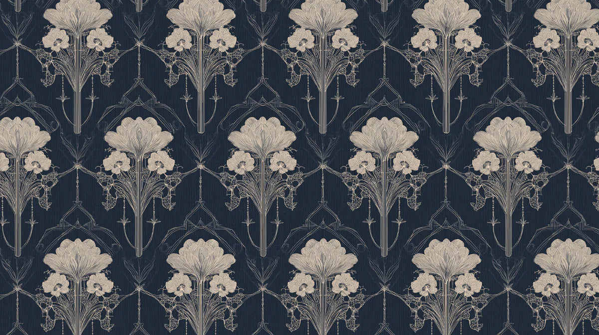 Art Nouveau Lily Mural Wallpaper — Vintage Navy and Cream Floral Mural Wallpaper - room preview 04