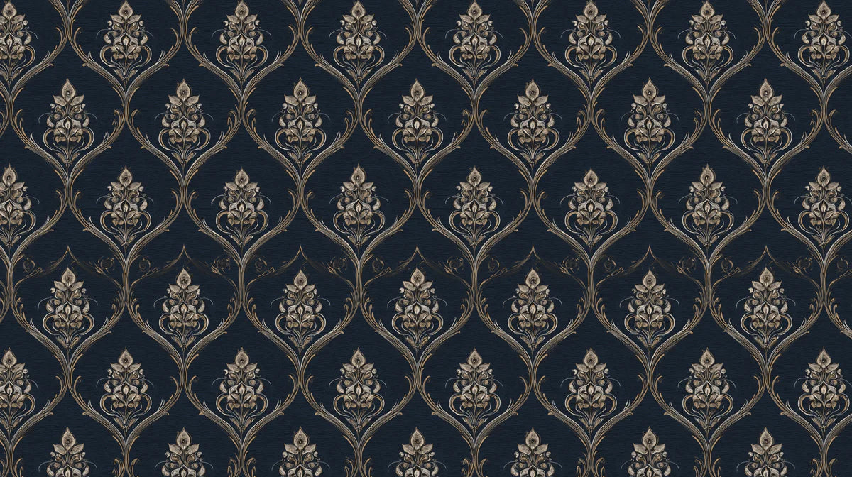 Midnight Baroque Damask Mural Wallpaper — Ornate Heritage Pattern Mural Wallpaper - room preview 04