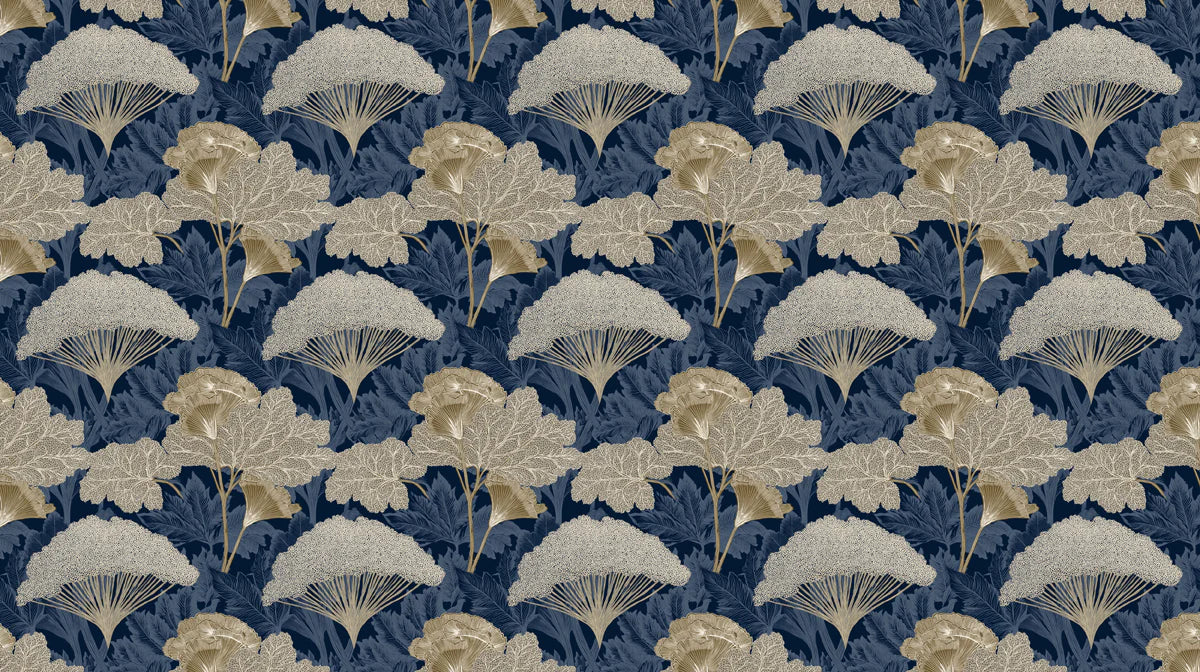 Stylized Fern and Botanical Mural Wallpaper — Midnight Blue & Gold Mural Wallpaper - room preview 04