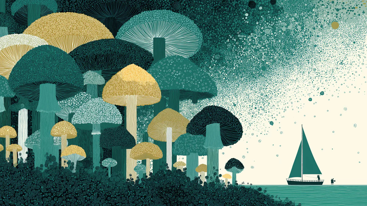 Mushroom Forest and Sailboat Mural Wallpaper — Whimsical Decor Mural Wallpaper - room preview 04
