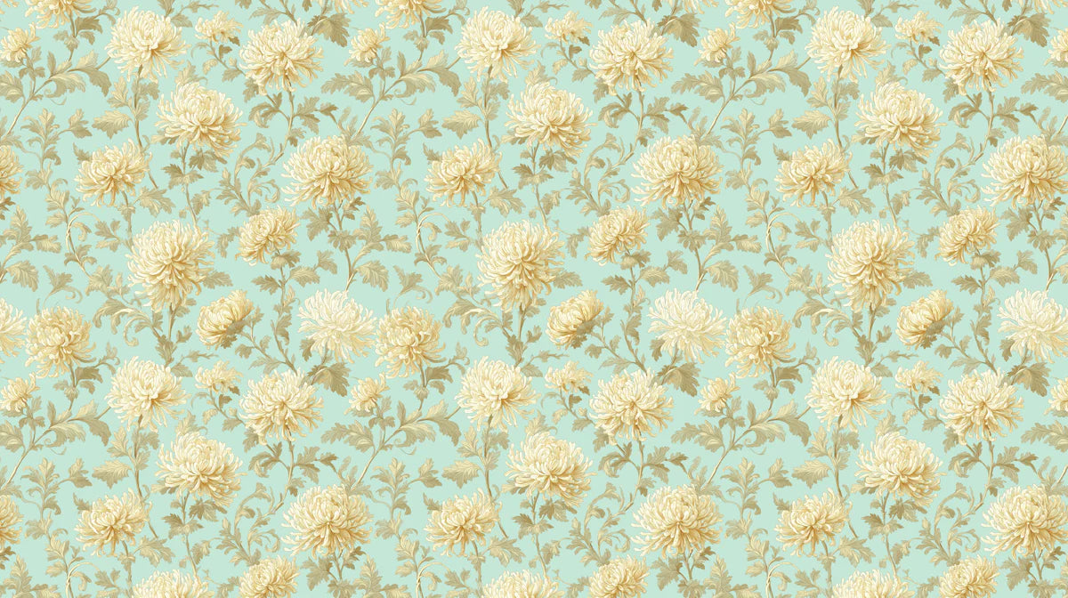 Vintage Chrysanthemum Floral Mural Wallpaper in Mint Green Mural Wallpaper - room preview 04